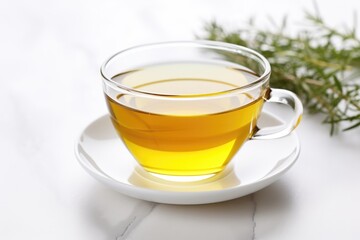 Canvas Print - a steaming cup of herbal tea on a white table