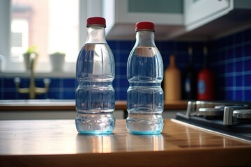 two water bottles sitting close together on a worktop