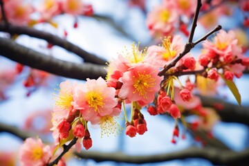 Poster - colorful flowers budding on a tree branch