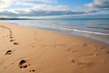 wet footprints on a sandy beach leading to sea