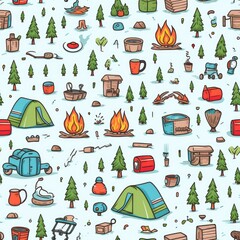 Cute hand drawn seamless pattern with camping doodles, tents, landscape and trails, great for textiles, banners, wallpapers. AI Generative.