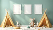 © anmitsu - Cute children's room interior background, empty poster frame and other furniture.