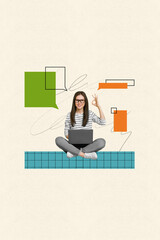 Canvas Print - Vertical creative composite concept photo collage of positive satisfied girl sit with laptop showing okey isolated on drawing background