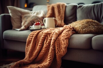 Poster - soft textured knitted blanket with cozy slippers on a couch