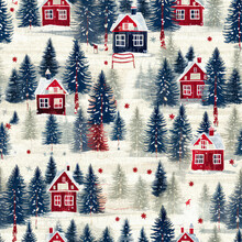 Rustic Country Christmas Cottage With Primitive Hand Sewing Fabric Effect. Cozy Nostalgic Shabby Chic Homespun Americana Winter Handmade Crafts Style Seamless Pattern.