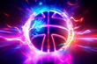 Basketball ball with luminous streaks on vibrant neon background. Futuristic athletic concept. 3D rendering. Generative AI