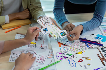 Wall Mural - team of ux developer and ui designer brainstorming interface wireframe design. creative digital deve