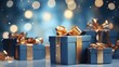 © opolja - Christmas gift or present box, holiday decoration against magic blue bokeh background. New year greeting card