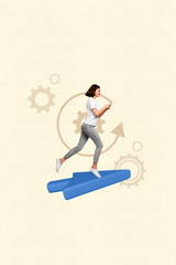 Poster - Collage abstract image of charming happy girl running using modern device writing sms isolated on drawing beige color background