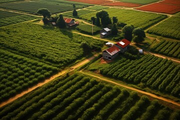 Sticker - aerial view of a sprawling chili pepper farm with neat rows of plants