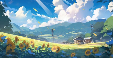 Poster - Beautiful big sunflower landscape view with beautiful sky in digital art painting concept style 