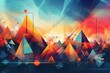 Abstract illustration with colorful triangles and angled shapes forming geometric elements on a panoramic background. Generative AI