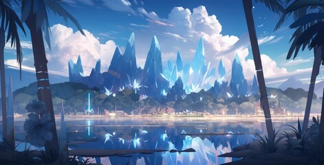 Poster - Fantasy crystal land in digital art painting illustration style 