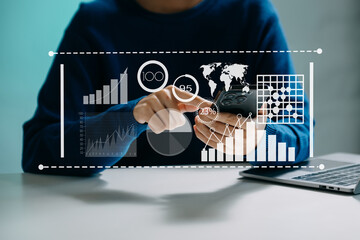 Wall Mural - data management system with business analytics concept. business team hands working with provide inf
