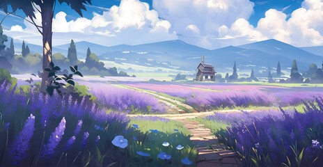 Wall Mural - Purple flowers field landscape in digital art painting style 