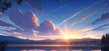 Sunset Over The Lake With Stunning View In Digital Art Painting Style 