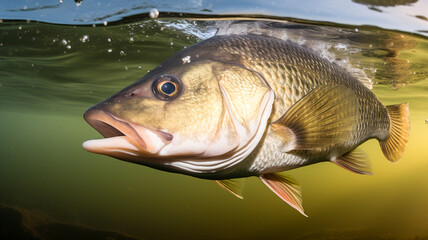 Fishing trophy - big freshwater perch in water.
