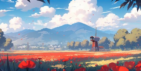 Poster - Red flowers field with wild landscape in digital art painting style 