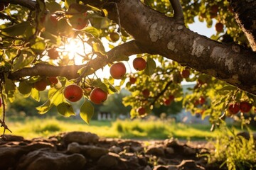 Poster - a low-angle view of sunlight filtering through an apple tree