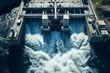Aerial view of a hydroelectric dam with flowing water through locks. Industrial concept featuring a blue color scheme. Generative AI