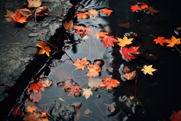 Poster - fallen autumn leaves floating on a puddle