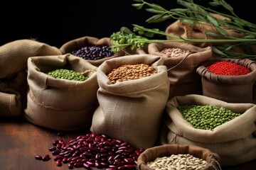 Sticker - various types of beans in small burlap sacks