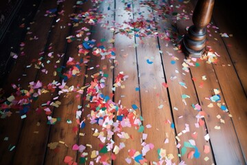 Wall Mural - close-up of confetti scattered on a wooden floor