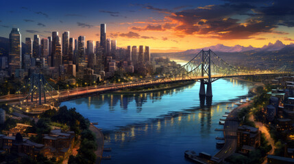 Wall Mural - city by the river with illuminated skyscrapers and bridge