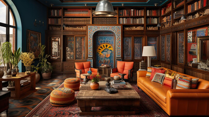 Vibrant and Eclectic Indian Library with Bookshelves and Colorful Textiles