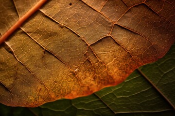 A close-up of a leaf with beautiful brown and green colors