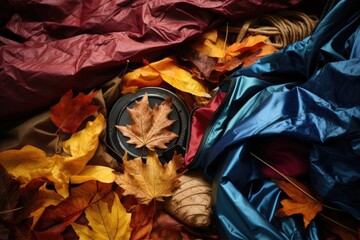 Sticker - a close-up of colorful autumn leaves covering camping gear