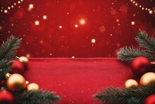 Christmas Background With Xmas Tree And Sparkle Bokeh Lights On Red Canvas Background. Merry Christmas Card. Winter Holiday Theme. Happy New Year. Space For Text. Generative Ai.