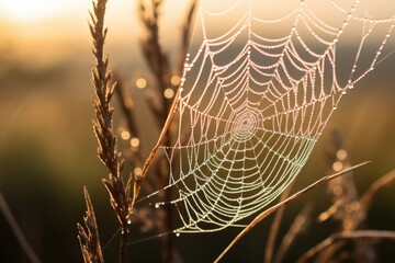 a spider web glistening with morning dew