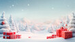© Manu Prats - Decorated christmas trees with red garlands into a  forest on a snowy sunrise close to xmas gifts in red boxes , Generative AI illustration