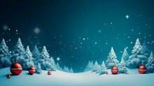 Christmas Trees Forest In On A Snowy Night With Christmas Decorations Garlands And Stars At Twilight, Generative AI Illustration