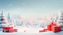 Decorated Christmas Trees With Red Garlands Into A  Forest On A Snowy Sunrise Close To Xmas Gifts In Red Boxes , Generative AI Illustration