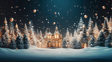 Illuminated Christmas Trees Close To A Luxury Mansion Into A Forest With Golden Garlands Falling From The Sky, Generative AI Illustration