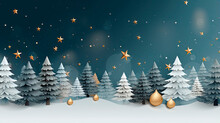 Christmas Trees Forest In On A Snowy Night With Christmas Decorations Garlands And Stars At Twilight, Generative AI Illustration