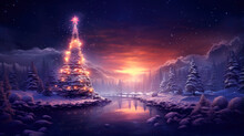 Illuminated Christmas Tree Into The Forest Close To River In Warm And Magenta Tones At Sunset, Generative AI Illustration