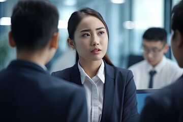 Project asian female leader talking, discussing business project details  to team, female coworkers, while gathering together during meeting in modern office