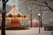 Winter scene at Tivoli Gardens, Copenhagen, with snow-clad tree and carousel in the background. Generative AI