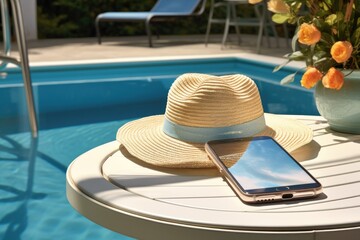 Canvas Print - smartphone and sunhat atop a poolside table