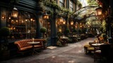 Fototapeta  - Vintage café with cozy outdoor seating and cobblestone streets
