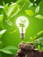 light bulb against nature on green leaf, green eco energy concept, alternative resource clean energy