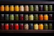a row of canned food arranged on a shelf