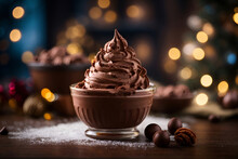 christmas chocolate ice cream with golden bokeh background and christmas decoration