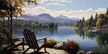 A Serene Lakeside Retreat With A View Of The Tranquil Water And Distant Mountains . Сoncept Lakeside Retreat, Tranquil Water View, Distant Mountain View, Serene Getaway
