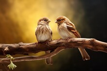 A Pair Of Sparrows Perched On A Branch