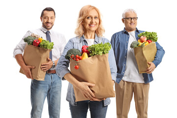 Poster - Men and a woman posing with grocery bags