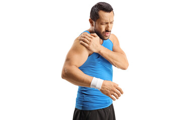 Canvas Print - Male athlete holding his shoulder in pain